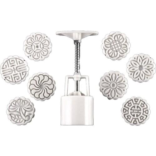 50g Mooncake Barrel Mold with 8pcs Flower Stamps Hand Press Moon Cake Pastry Mould DIY Bakeware Mid-autumn Festival