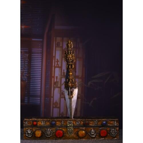 19"Tibet Temple Collection Old Bronze mosaic Gem Skull head Three-sided Mahakala Dorje Vajra Phurpa box set Town House Exorcism