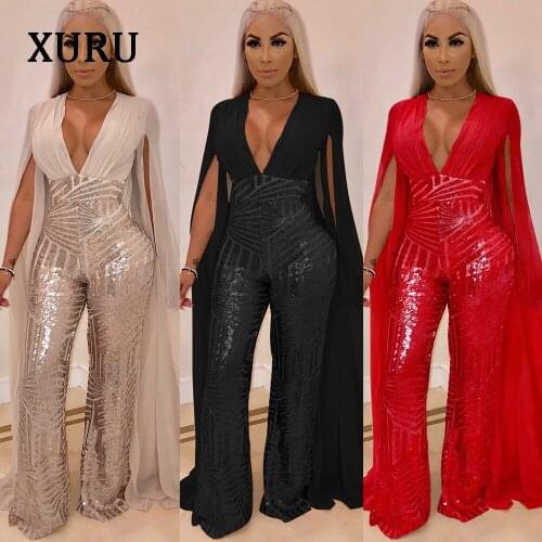 XURU New Hot Sexy Sequins Jumpsuit Shiny Party Wide Leg Pants Trousers Elegant Womens Chiffon Jumpsuit