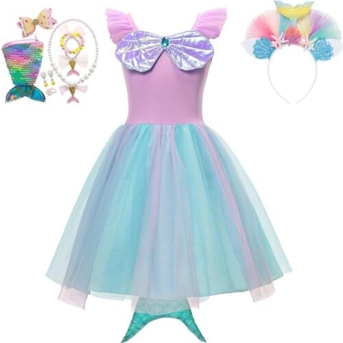 Little Mermaid Costume Colorful Sequin Mesh Prom Gown Child Girl Halloween Party Cosplay Clothes Kids Princess Fancy Dress