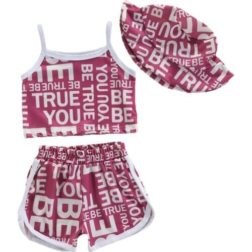 Summer Fashion Kids Baby Girls Clothes Sets Flower/Letter Print Three Pieces Sleeveless Strap Tank Top+Shorts+Sunhat for 0-5Y