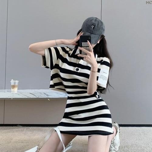 Summer Striped Hollow Out Dresses Women Korean Fashion Turn-down Collar Mini-dress Hipster Female clothing Vestido Feminino