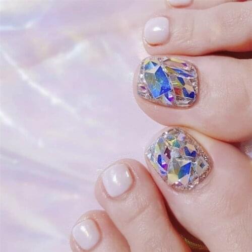 Silvery white pure color with full diamond 3d false nails for toe Cute summer toe nails bride lady full nail tips for toe short