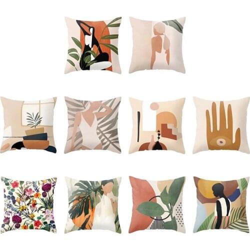 Oil Painting Cushion Cover Green Leaves Pattern Print Pillow Case Abstract Women Decorative Pillow Cover Sofa Chair Pillow Case