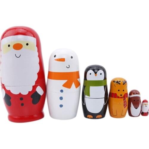 New Christmas Santa Traditional Matryoshka Dolls 1 Set Wooden Russian Nesting Dolls Animal Paint Handmade Crafts Decoration