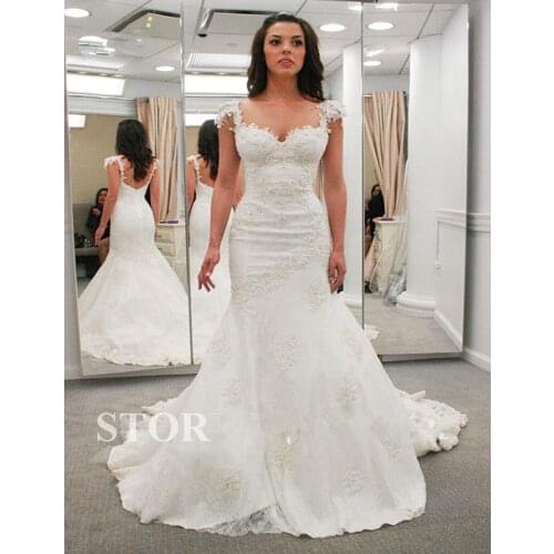 New Arrival Cap Sleeves Open Back Lace Mermaid 2018 Robe De Marriage Sexy bridal gown Free Shipping mother of the bride dresses