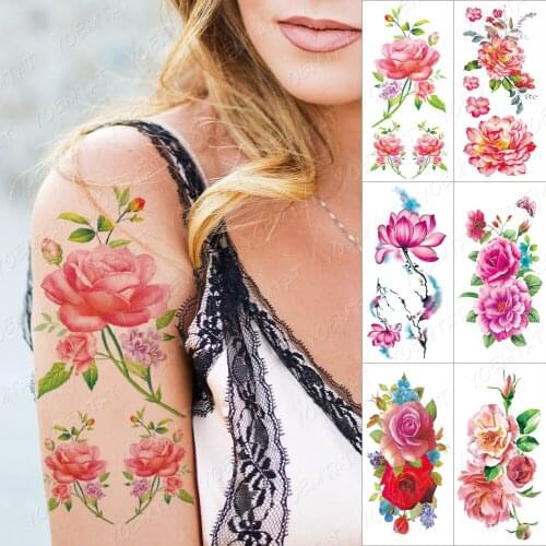 Sweet Rose Peony Flowers Watertproof Tatoo Arm Shoulder Temporary Tattoo Stickers Flash Henna Body Art Fake Tattos For Women