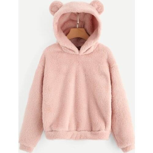40#Fluffy Hoodies Women Kawaii Sweatshirt Cute Bear Ear Cap Autumn Winter Warm pullover Long Sleeve Outwear Fleece Coat moletom