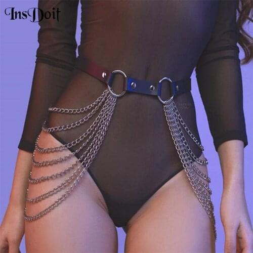 InsDoit Punk Gothic Chain Waist Belts Women Leather Belt Accessories Streetwear Y2K Metal Belt Hollow Party Cosplay Girdles 2021