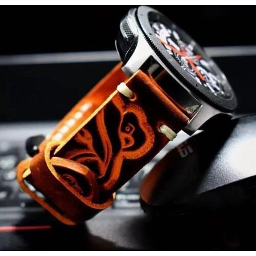 Hand-made Genuine Leather Watch Bands Retro Carving Flower Art Watch Strap Bracelet Stainless Steel Black Buckle 20mm 22mm 24mm