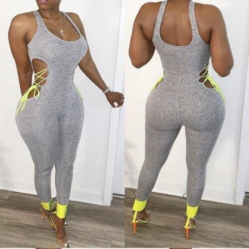 Sexy Bandage Jumpsuits Women Sleeveless Low Cut Lace Up Bodycon Solid Color Fitness Gym Sports Leotard Streetwear Clubwear