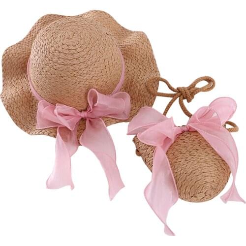 Kids Gil Straw Hat with Bag Girls Lace Bowknot Sun-Resistant Sun Cap+ Shoulder Bag for Summer Litter Girl Beach Caps