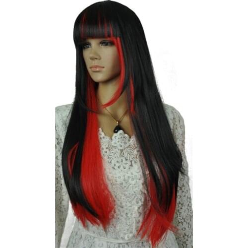 StrongBeauty Womens Wigs Cosplay Halloween Neat Bang Long Silky Straight Red and black Mixed Color Full Synthetic Wig