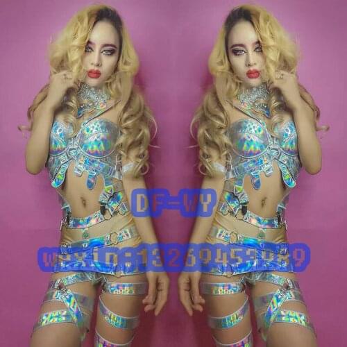 Super sexy silver laser reflection bar party concert singer/dancer outfit