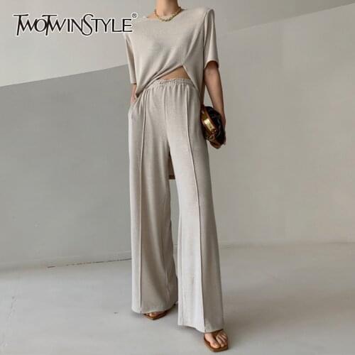TWOTWINSTYLE Casual Solid Two Piece Set For Women O Neck Split T Shirts High Waist Wide Leg Pants Loose Sets Female 2021 Fashion