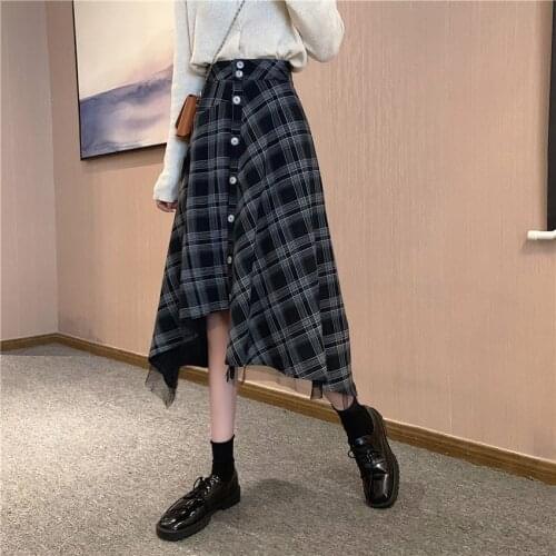 Spring Plaid Irregular Woman Harajuku Skirts Spring Summer Fashion French Elegant Lattice Stitching MeshLrregulara Word Lady