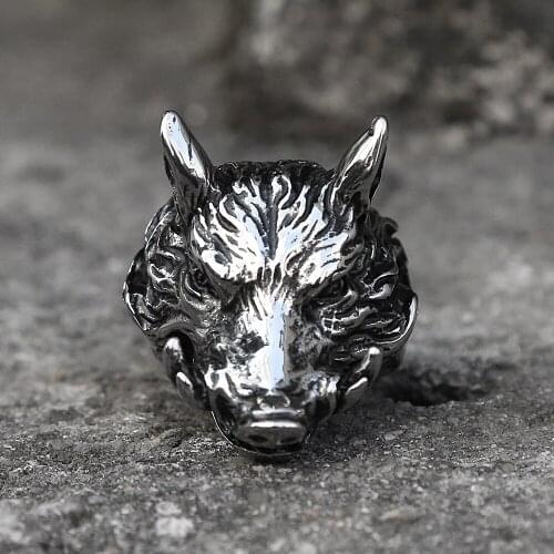 Gothic 316L Stainless Steel Wild Boar Ring Punk Hip Hop Hippie Wild Boar Head Animal Ring Mens Fashion Jewelry