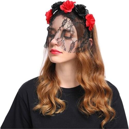 Women Flower Lace Veil Elegant Veil Flowers Headband Rose Flower Crown Headpiece Halloween Decoration Women Headwear Accessories