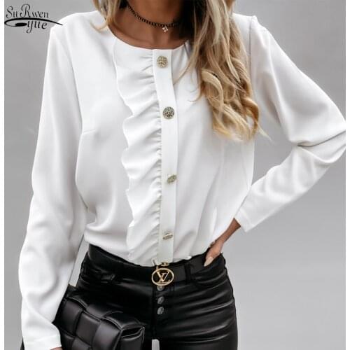Office Lady White Shirts Spring Autumn Long Sleeve Chiffon Women Blouse O-Neck Tops Button Up Shirt Plus Size Clothes 12687