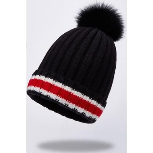Hat Women Winter Knit Beanie Autumn Wool Fox Fur Pompom Warm Skiing Accessory Outdoor Cap For Teenagers Girl Luxury