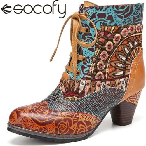 SOCOFY Retro Floral Embossed Leather Splicing Tribal Pattern Cloth Comfy Wearable Short Boots Casual Elegant Womens shoes