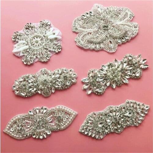 1Pc Bling Bling Handmade Iron On Beaded Crystal Clear Rhinestone Applique for Wedding Ornaments Baby Girl Hair Accessories RT012