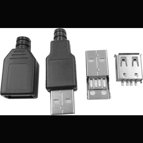 1Set Type A Male USB 4 Pin Plug Socket Connector +Type A Female USB 4 Pin Plug Socket Connector With Black Plastic Cover For DIY