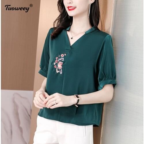 2021 Green Casual Summer Ladies Female Fashion Floral Print Chiffon Blouse Shirt Loose Tops Women short Sleeve Blusas Pullover