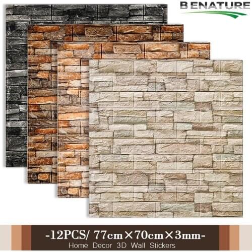 12pcs/bag 77x70cm 3D Brick Wall Sticker Waterproof Self-Adhesive Wallpaper Bedroom Living Room TV Wall Decoration
