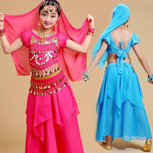 4PCS Children Belly Dance Costumes Girl Oriental Stage Dancing Costumes Set Girl Indian Dance Dress Suit Performance Dance