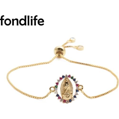 AAA Multicolor Cubic Zirconia Crystal Gold-plated Virgin Mary Charm Bracelet Women Trendy Hot Chain Christian Faith Chic Jewelry