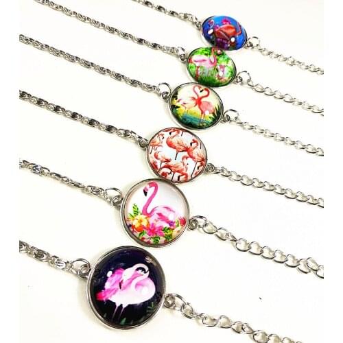 24pcs (12 styles ) Flamingo Leopard Pattern Photo Glass charm bracelets Handmade hand chain for women girls jewelry wholesale