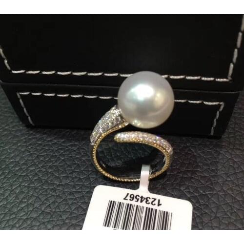 12-13MM natural southsea pearl ring 18K gold with diamond adjustable size big pearl ring fine women jewelry luxury