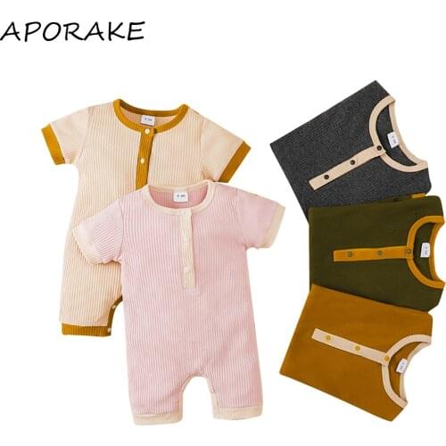 2021 0-18M Newborn Baby Girl Boy Playsuit Summer Casual Summer Knitted Clothes Patch Striped Button Romper Jumpsuit 5 Colors