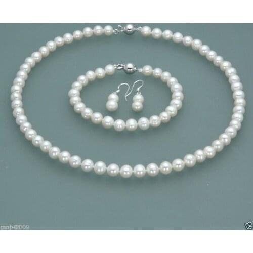 Multi piece suit Genuine Natural Freshwater 7-8mm White Cultured Pearl Necklace Bracelet Earring 925 wedding jewelry Set