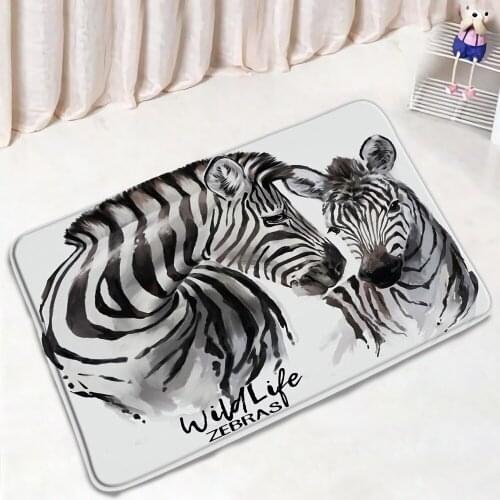 Black White Zebra Pattern Bathroom Mats Mdern Simplicity Stripes Non-Slip Rugs Flannel Home Decor Bath Kitchen Doorway Carpet