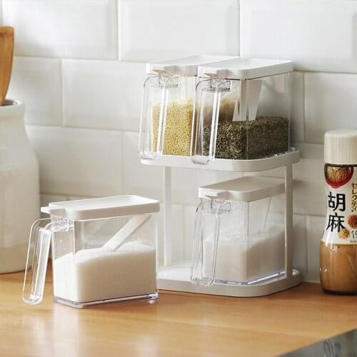 Hot selling seasoning storage can with handle plastic condiment box salt pepper spice rack household kitchen accessories