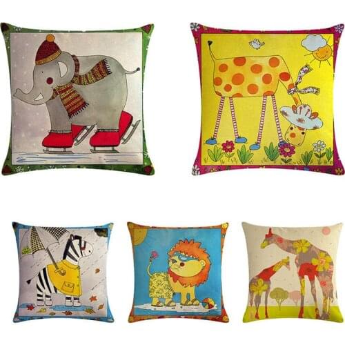 Cute Lion Zebra Elephant Pillow Case Cartoon Animals Linen Square Cushion Cover for Decorative Printed Throw Pillowcase ZY214