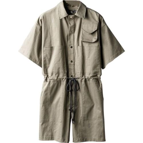 2021 Summer Short Sleeve Jumpsuit Men Overalls Lapel Multi Pocket Straight Loose Workwear Green Black Fashion Cargo Shorts Pants