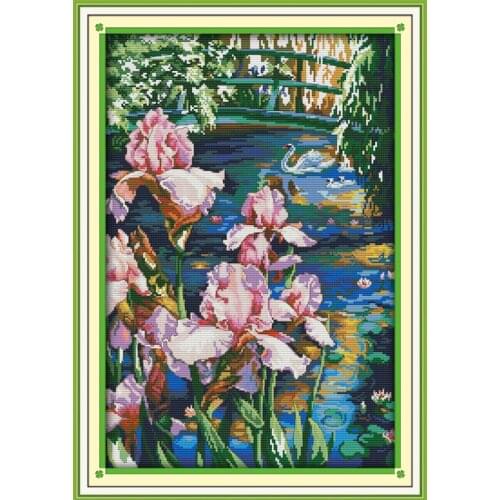 Iris pool home decor canvas Cotton scenery Cross Stitch kits 14ct white 11ct print embroidery DIY handmade needlework wall