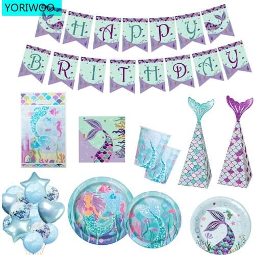 Little Mermaid Disposable Tableware Set 1st Birthday Party Decorations Kid Baby Shower Girl Mermaid Party Supplies Under the Sea