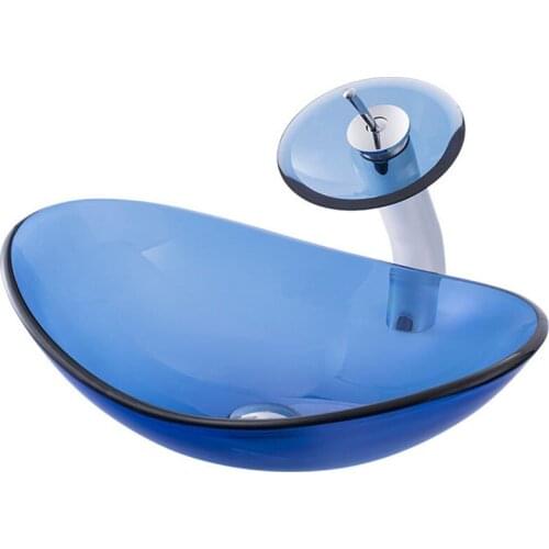 New Bathroom Washbasin Countertop Blue Tempered Glass Basin Sink Faucet Set Brass Waterfall Faucet Washroom Vessel Vanity Bar