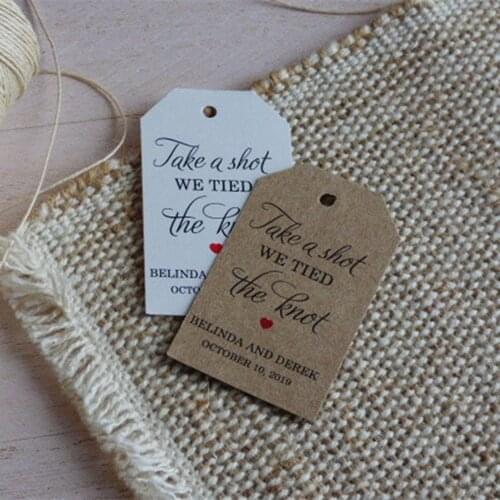 Personalised Wedding gift tags customized name language Bridal shower bachelor Take a Shot we Tied the Knot lables