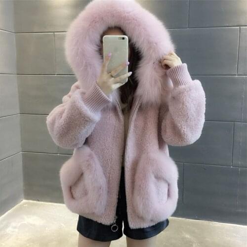 Suofun Casual Solid 2021 Fashion Artificial Fox Wool Collar Sheep Sheared Fur Coat Womens Winter Korean Hooded Short Fur Coats