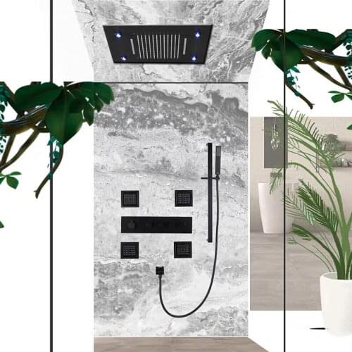 Luxury 800*600MM large ceiling Thermostatic Shower faucet wall mounted Matte Black Brass Rainfall Waterfall Bathroom Shower Set