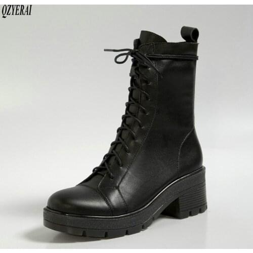 QZYERAI black white Riding boots Genuine leather Female boots 6cm High heels Womens boots Head layer cowhide Womens shoes