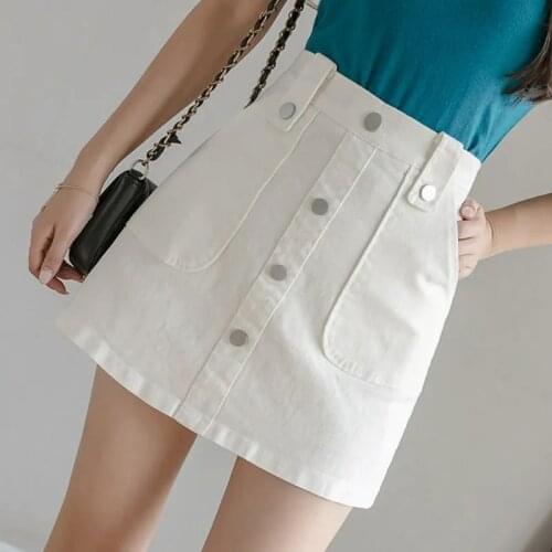 2021 Women Summer Denim Skirt Female New Korea High Waist A-line Mini Ladies New Fashion Single Button Pockets Jean SkirtYM216