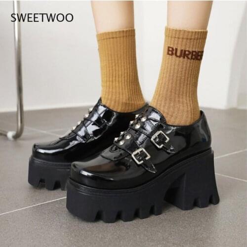 Womens shoes 2021 platform shoes retro rivet belt buckle Gothic womens boots high heels punk lolita shoes boots