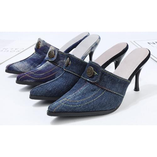 Womens Pointed Toe Denim Jeans Stilettos Slipper Pumps High Heel Slingbacks Shoes Slides Ladies New 2021