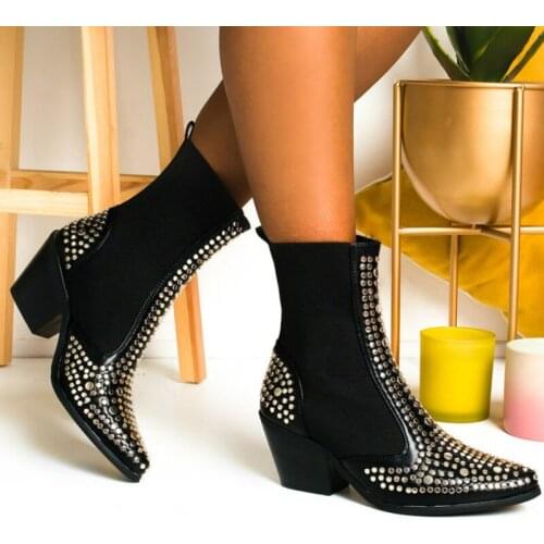 Punk Rivet Women Studded Embellished Western Boots In Black Pointed Toe Square Heel Rubber Sole Cool Fashion Biker Shoes Ladies